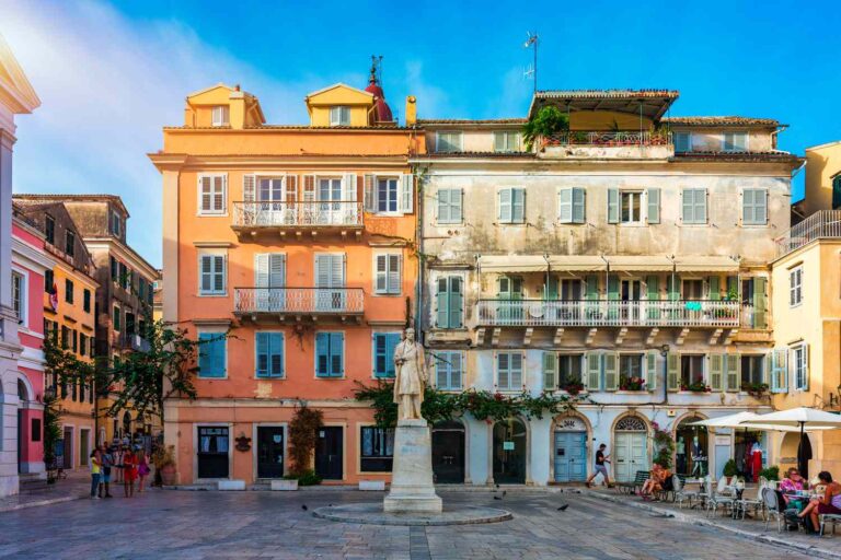 Corfu Town - Old colourful buildings and statue