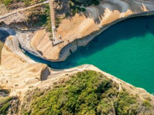 An aerial view revealing the unique sandstone formations of Sidari’s Canal d’Amour